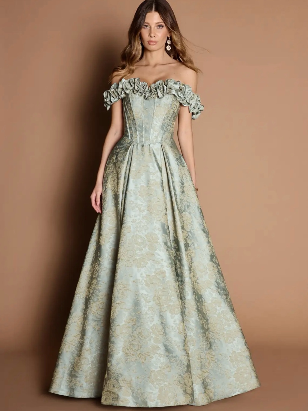 Azazie Strapless Floral Jacquard Ball Gown In Pale Sage